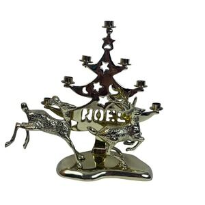 Vintage‎ Brass Christmas Tree Candelabra Reindeer Noel Candle Holder